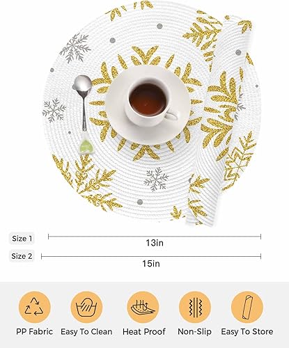 Miniatura 8 de Juego de 6 manteles individuales redondos de Navidad, diseño abstracto de copo de nieve, lavables, tejidos, para mesas de comedor, cocina,