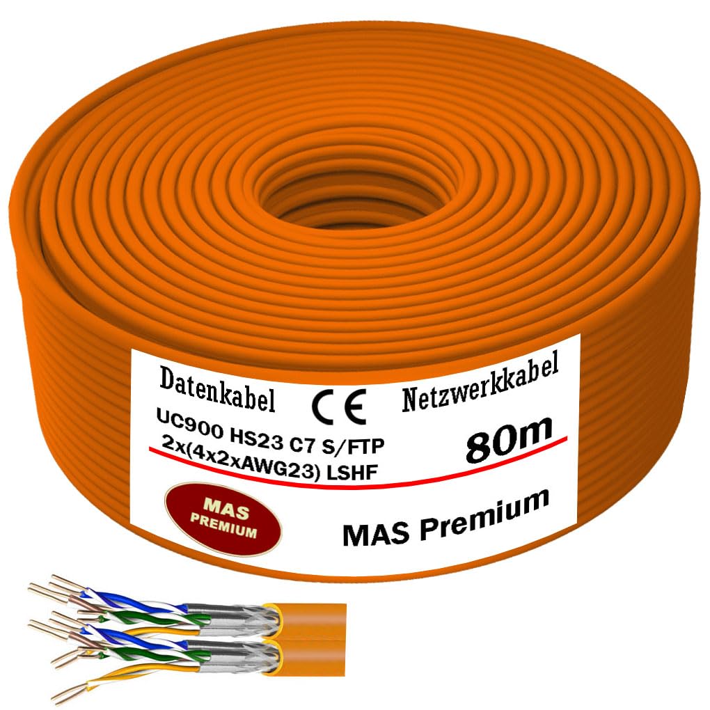MAS Premium Cavo dati CAT7 da 10 m a 100 m, cavo di rete duplex AWG23 8P UC900 SS23 1000 MHz senza alogeni, cavo di comunicazione (80 m)