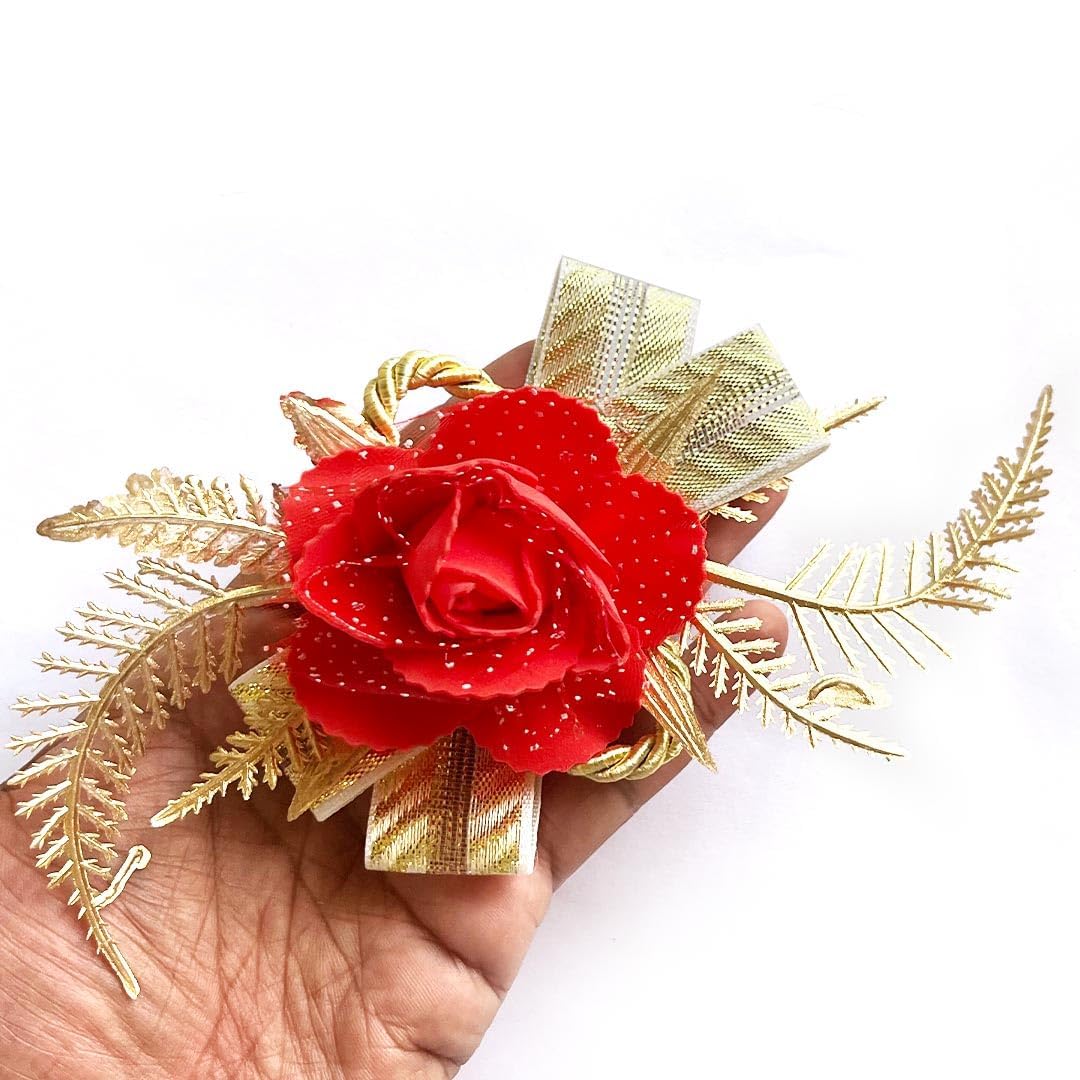 CRAFT SHOP INDIA Artificial Foam Rose Flower Bunch for Trousseau Packing, Ready to use Flower Brooch Hamper for Decoration, Gift Wrapping Flowers (6, Red)