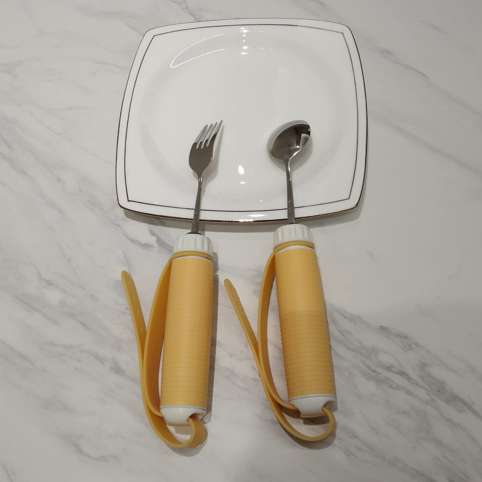 Utensilios adaptativos para artritis, juego de tenedor y cuchara de fácil agarre, cubiertos extraíbles de rotación de 360 grados con correa de silicona ajustable para ancianos de Parkinson y