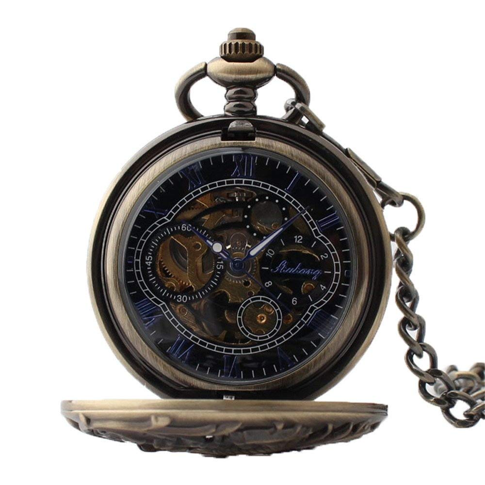 Montre de poche mécanique antique, dragon porte-bonheur et phénix, cadran squelette noir, chiffres romains avec chaîne