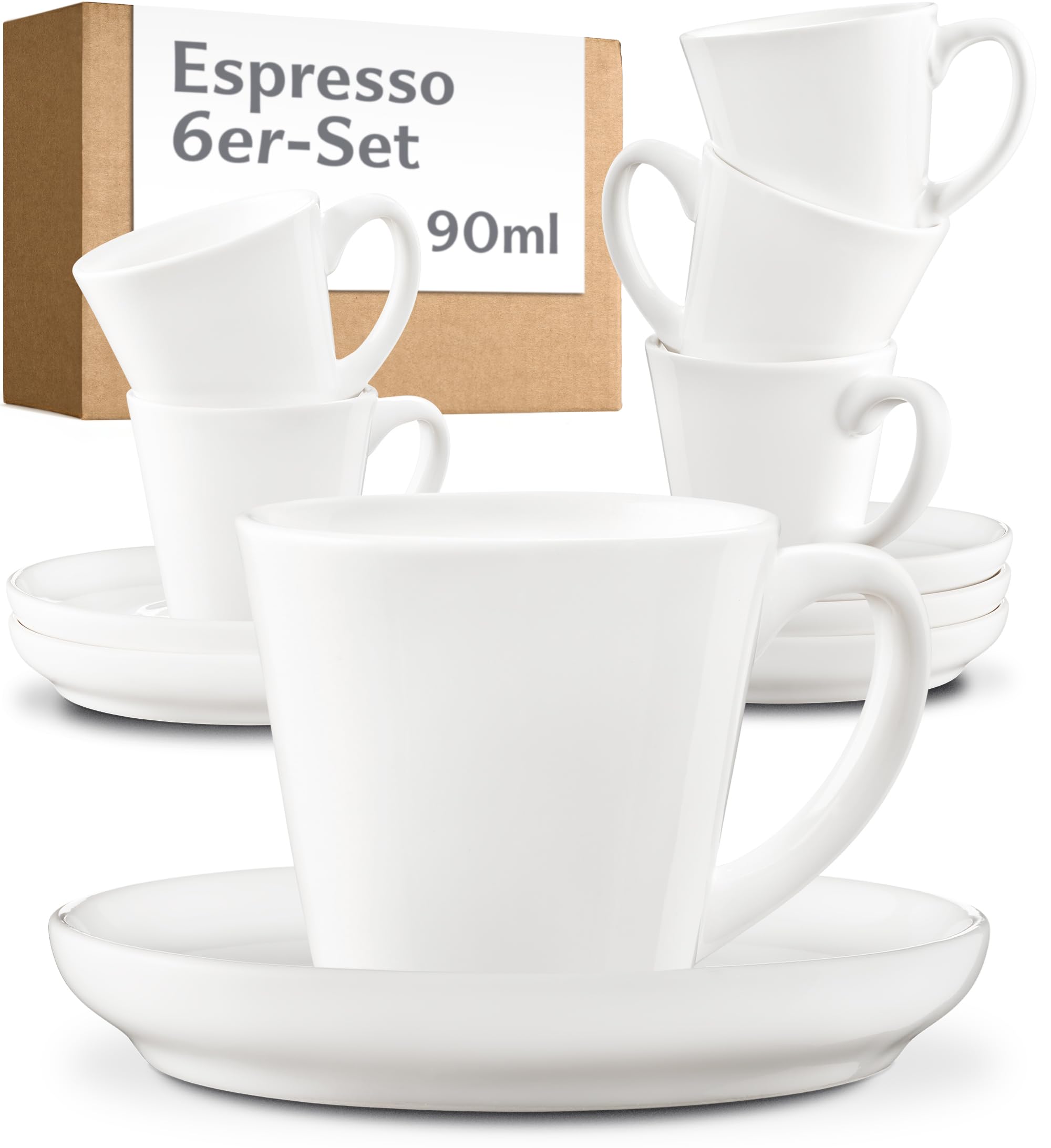 Cosumy Espressotassen Set 6er Weiß mit Untertassen - Keramik - Hält Lange Warm - Mokkatassen Stapelbar Spülmaschinenfest - Espresso Tassen mit Henkel - Geschenkbox - Espressobecher Design - 70ml