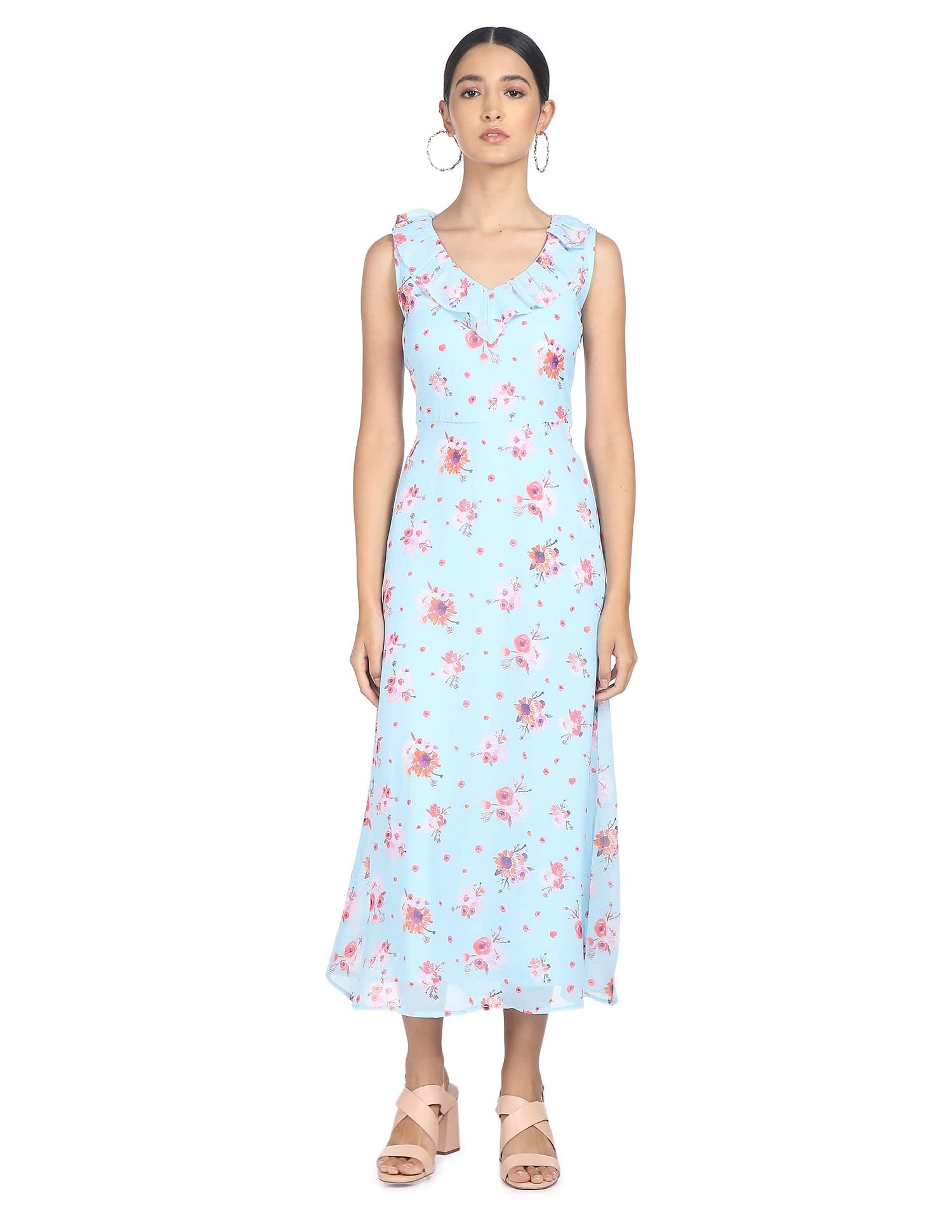 SHFFLPolyester Women Light Blue V-Neck Printed Dress Maxi Dresses