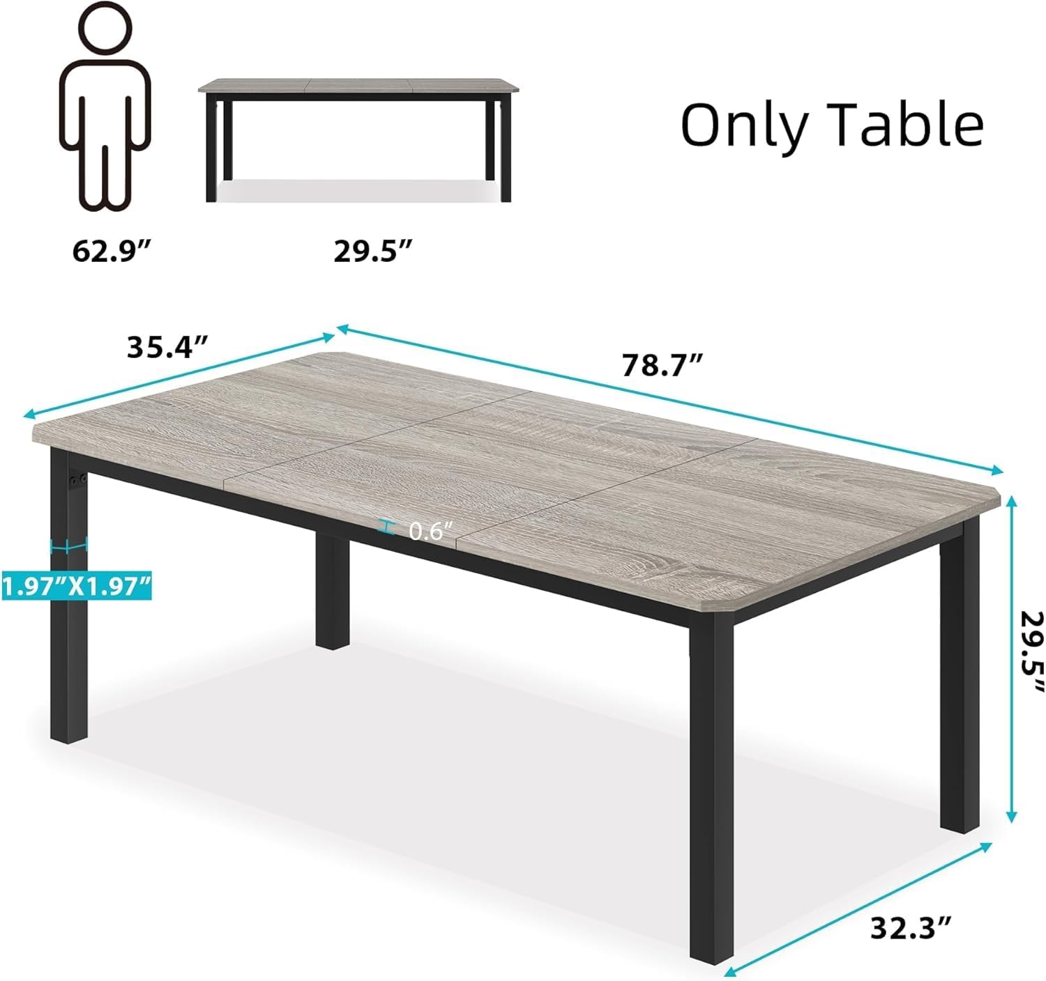 garveehome industrial dining table for 6-8 people, 78.7" long kitchen table with sturdy metal frame & seats 6 rectangular counter for dinner, kitchen (only table) light grey 78.7 inch