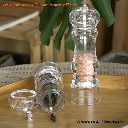 Miniatura 5 de BigData&BetterLife Juego de molinillo de sal y pimienta acrílico transparente, juego de molinillo de sal y pimienta manual ajustable, rotador de