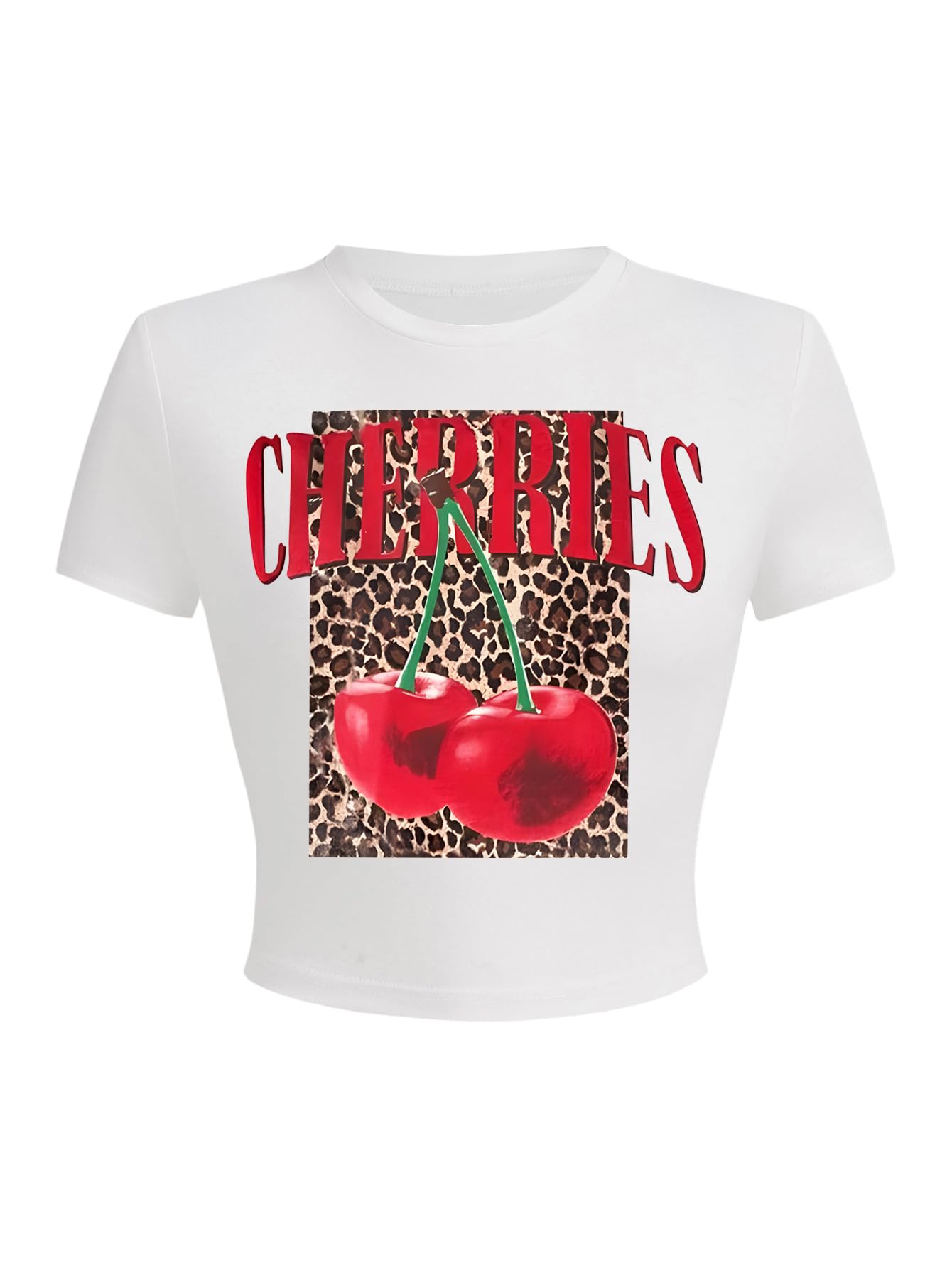 Women's Cherry Leopard Graphic Tees Crew Neck Short Sleeve Y2K Crop Tops Summer T Shirt Trendy