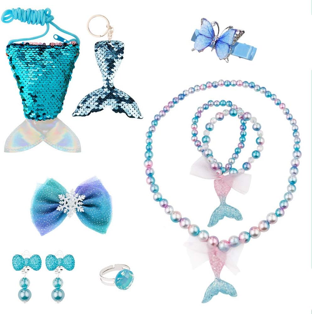 BAOQISHAN 9PCS Girls Party Princess for Necklace and Bracelet Set for Girls Little Kids Include Coin Purse Keychain Necklace Bracelet Hair Clip Earrings Ring Set