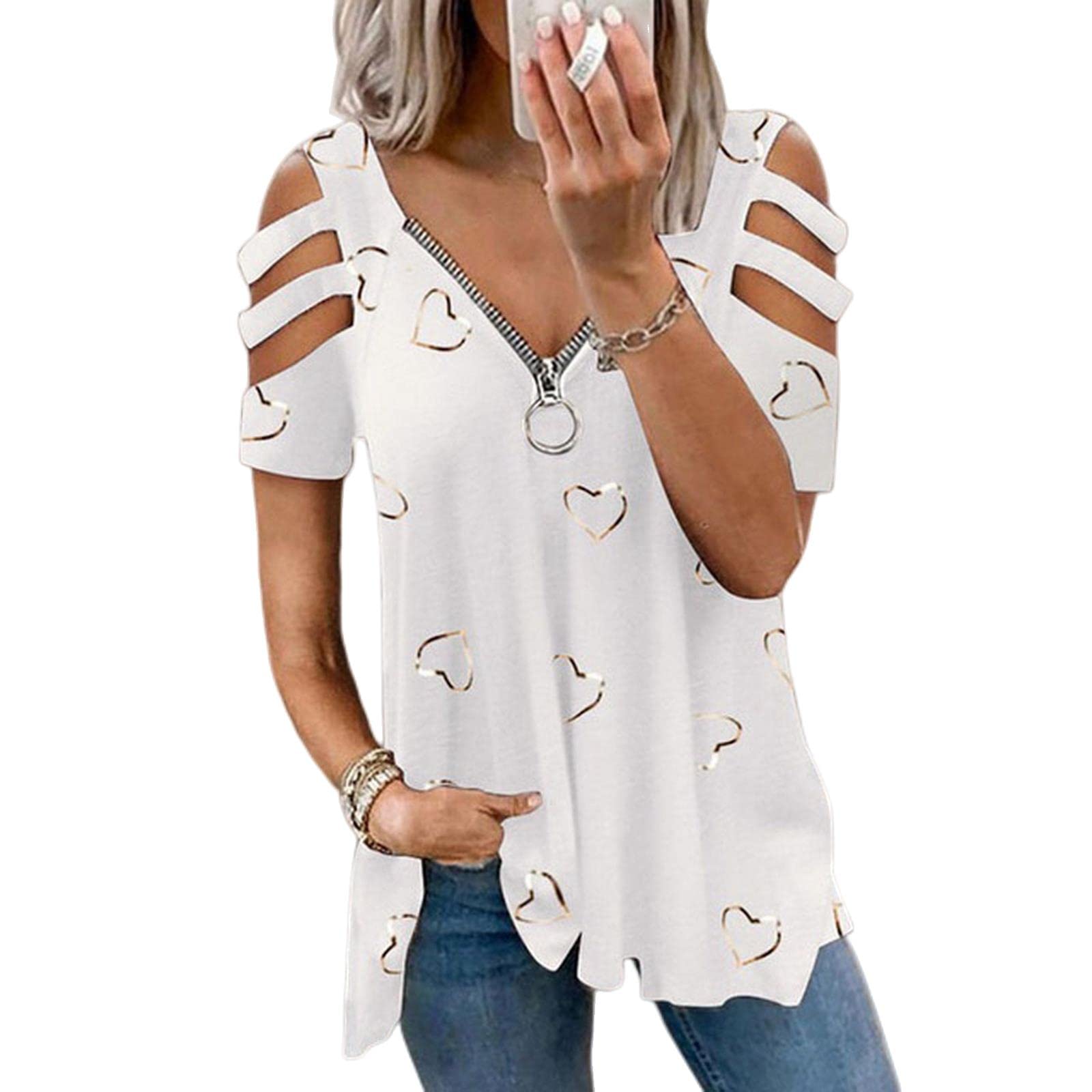 MOGSA T-shirt Estate Donna Oversize T-Shirt Cuore Stampa Spalla Aperta Manica Corta Top Femminile Plus Size Abbigliamento Donna