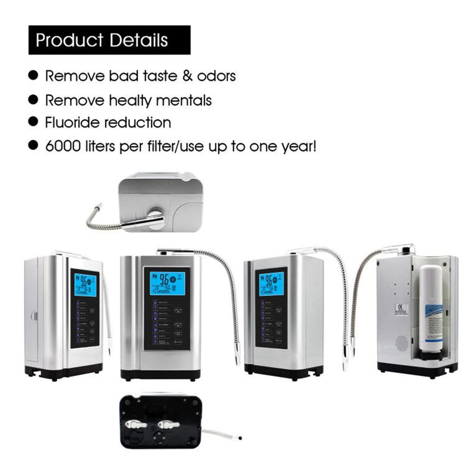 Ionizzatore d'Acqua alcalina PH3.5-10.5 Generatore di idrogeno Purificatore Macchina LCD da 3,8 Pollici Filtro per Acqua Potabile acida alcalina Domestica, con 8000 Litri per Filtro,Silver