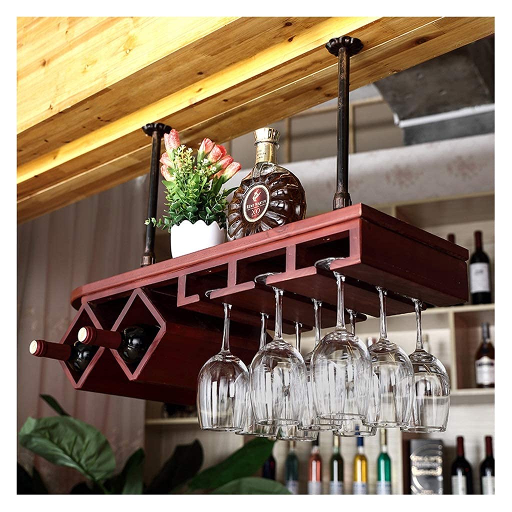 Porte-verre de salon suspendu en bois et casier à vin inversé 80cm