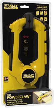 STANLEY Fatmax Power Claw 3 Grounded Outlets 125V/15A 1875W Circuit Breaker Power Strip Clamp with Pivoting Rubberized Grips and Spring Loaded Claws 3ft 14/3 SJT Vinyl Cord ETL Listed