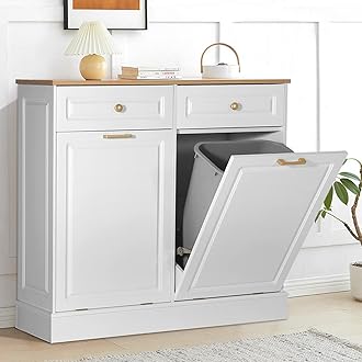 Anbuy Double Kitchen Trash Cabinets Dual Tilt Out Trash Cabinet with Two Wood Hideaway Trash Holder Drawers, Free Standing Recycling Cabinet Trash Can Holder (Dual White)