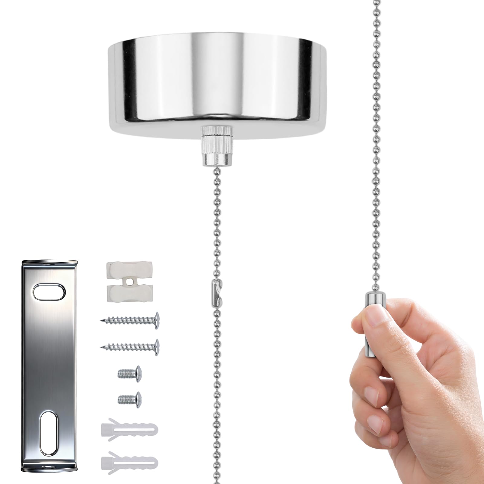Pull Cord Light Switch Bathroom, Bathroom Pull Cord Ceiling Switch with Chrome Cylindrical Handle, 150Cm Chain Kit for Utility Room Chandeliers Accessories(Chrome)