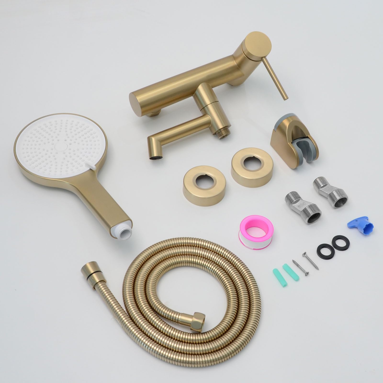 Rubinetto per Vasca, Miscelatore Vasca da Bagno con Doccetta, Regolabile Supporto e Tubo Doccia 150cm, Oro Spazzolato, 15Y4OK