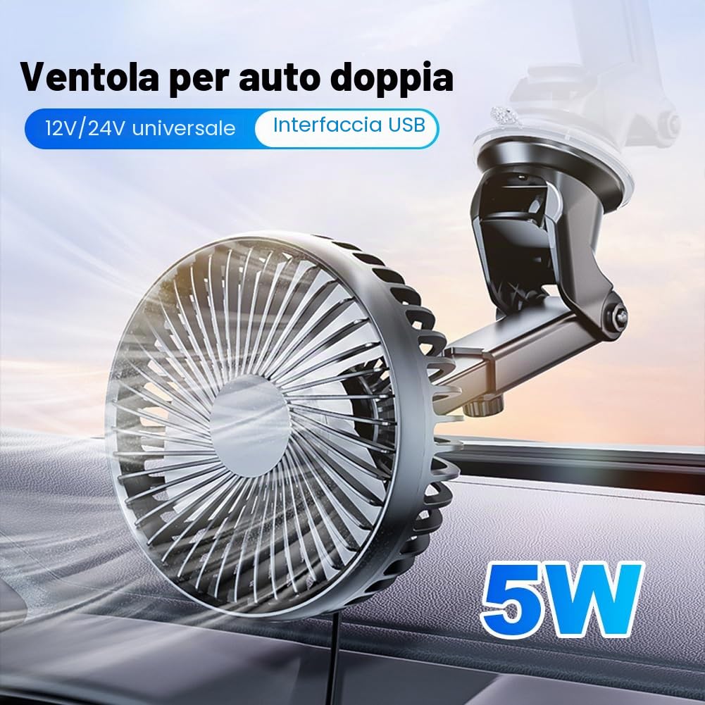Ventilatore da Auto, Mini Ventilatore per Cruscotto, Regolabile a 360° con Ventosa, 3 Velocità, Filtro per Auto con Testa Singola