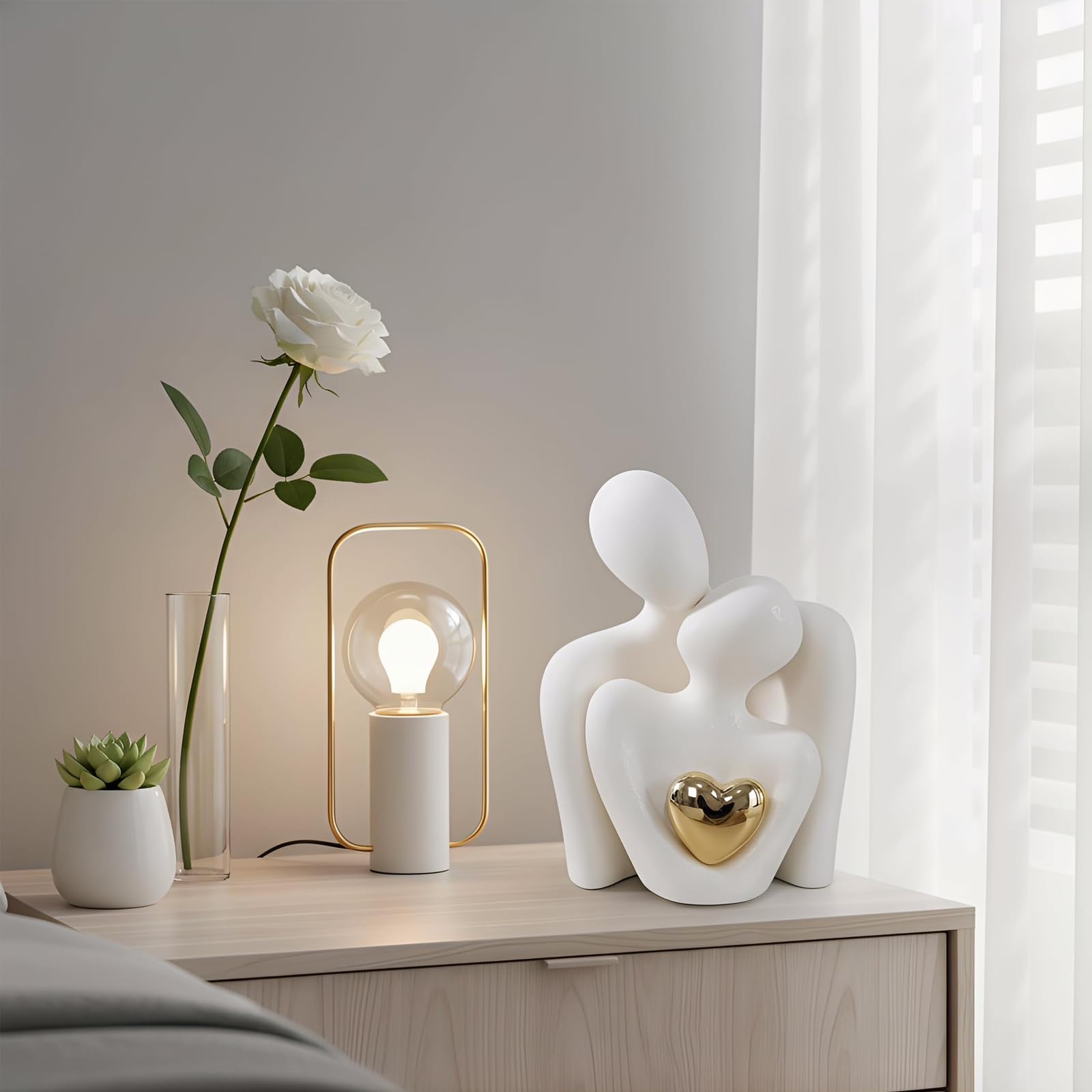 Romantyczna statuetka dla pary, mały regał ornamenty do salonu, figurki, dekoracja pary, biała figurka w kształcie serca, ceramiczna statuetka dla pary, abstrakcyjna statuetka miłości, prezent