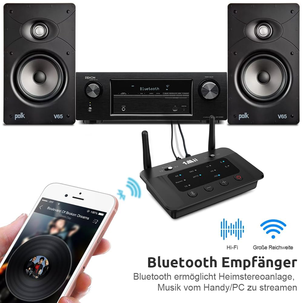 1Mii B03 Bluetooth 5.3 Transmitter & Empfänger für TV & Stereoanlage, aptX Adaptive/HD/Low Latency, Drahtloser Audioadapter mit Großer Reichweite, unterstützt 2 Kopfhörer, Optischer/AUX/RCA Anschluss