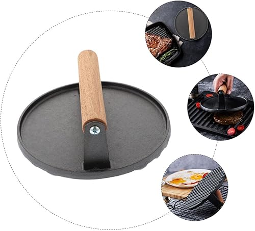 Miniatura 3 de DOITOOL Prensa de hamburguesa de hierro fundido para parrilla redonda para plancha superficie antiadherente, mango de madera 17.5 x 7 pulgadas