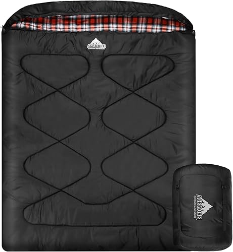 AGEMORE Saco de dormir doble de franela de algodón para adultos, saco de dormir impermeable para clima frío, tamaño Queen, para 2 personas, doble