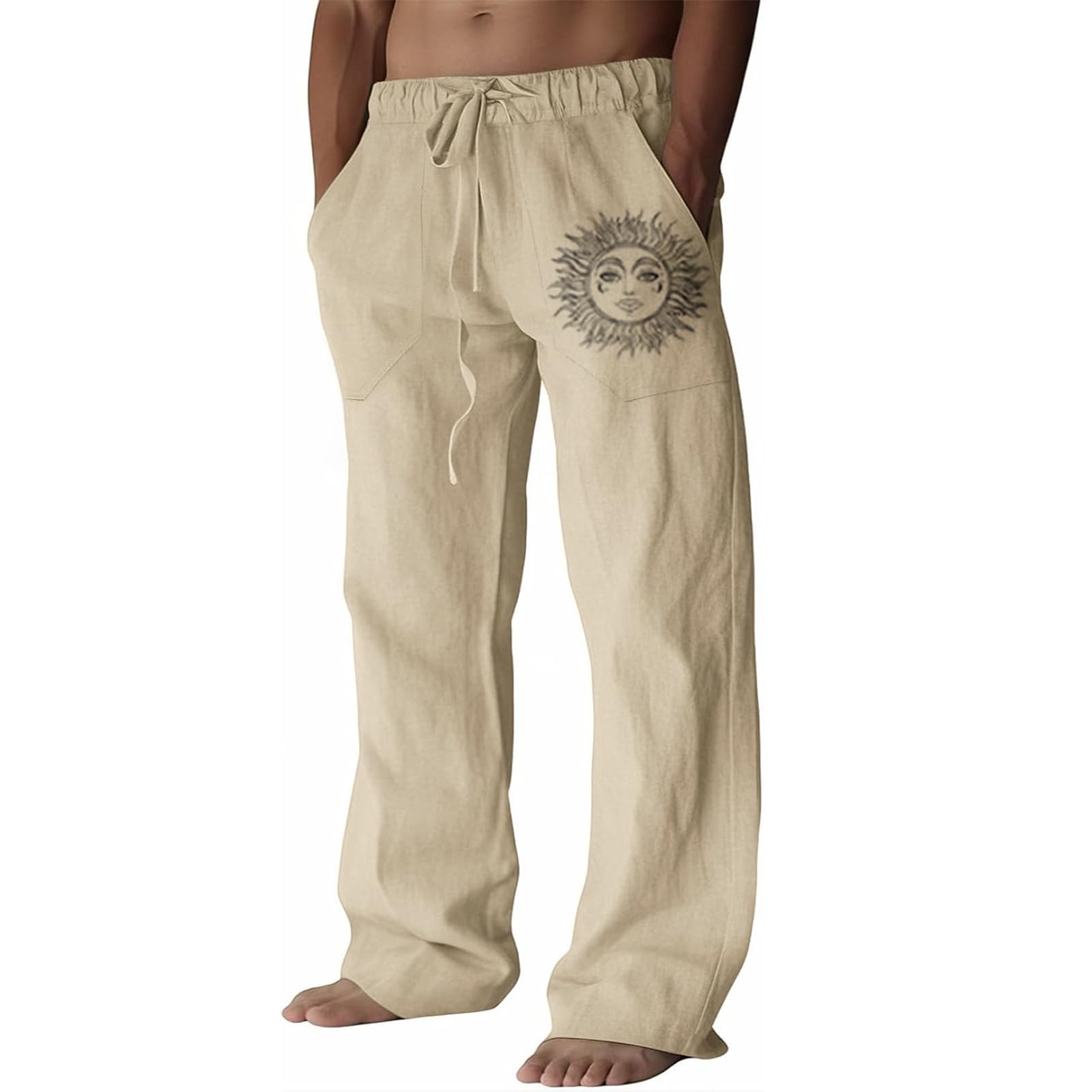 Puimentiua Leinenhose Herren,Lang Leichte Sommerhose,Loose Fit Freizeithose,Baumwollehosen mit Tunnelzug und Taschen (S-3XL)