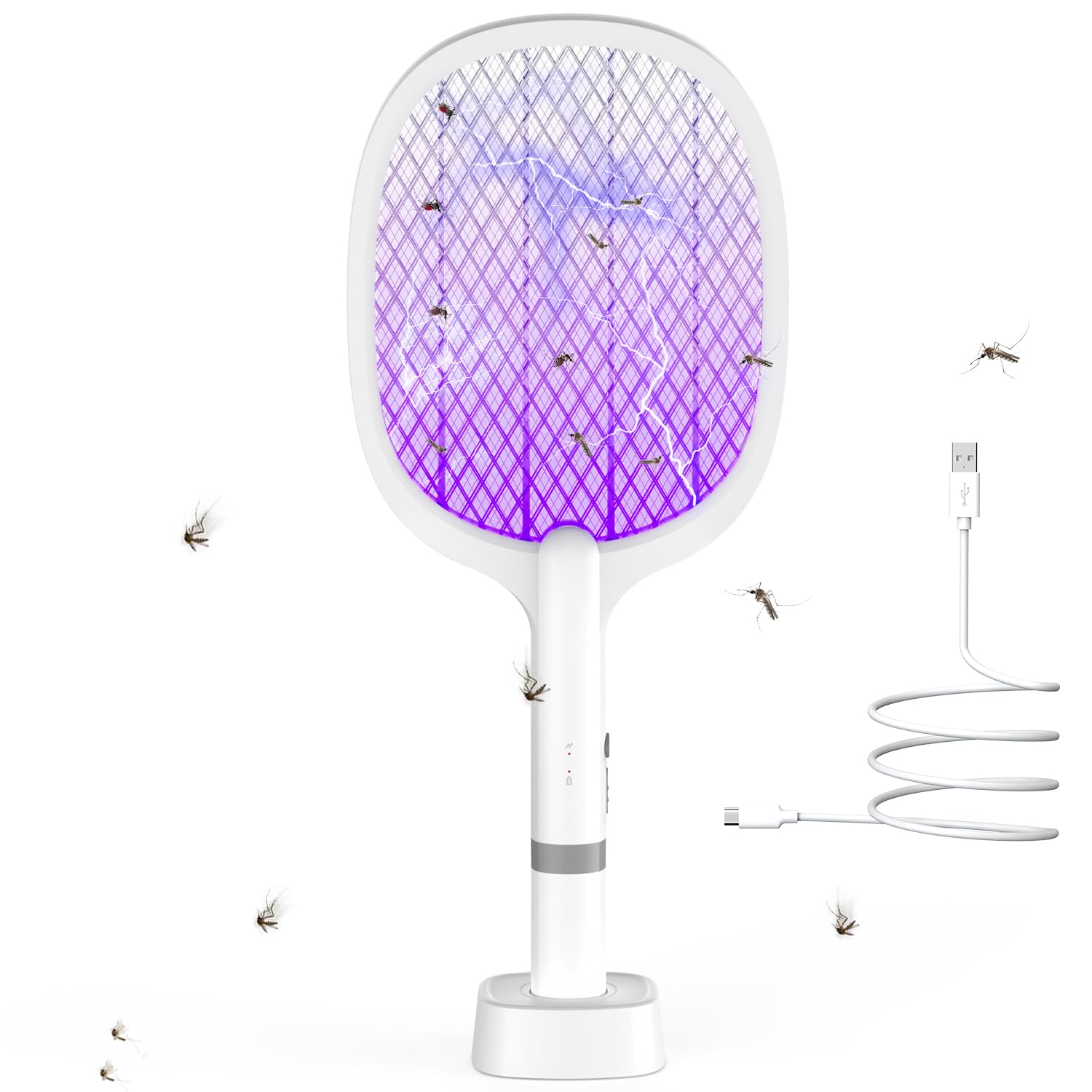 Raquette Electrique Insectes 5000V, 2000mAh,Raquette-Anti Moustique, USB C Rechargeable Raquett e Anti Mouche avec Base Stable, Efficace Contre Les Mouches Insectes
