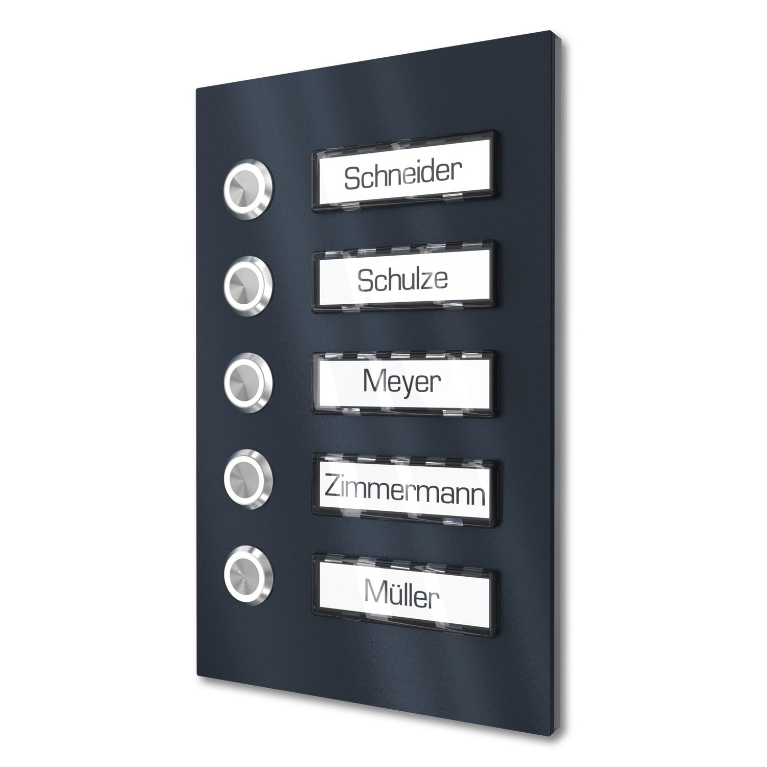 Timbre multifamiliar de superficie con pulsador LED 5 placas de nombre - V2A de acero inoxidable 140x220 mm Pintura en polvo RAL 7016 - Iluminación de nombre seleccionable