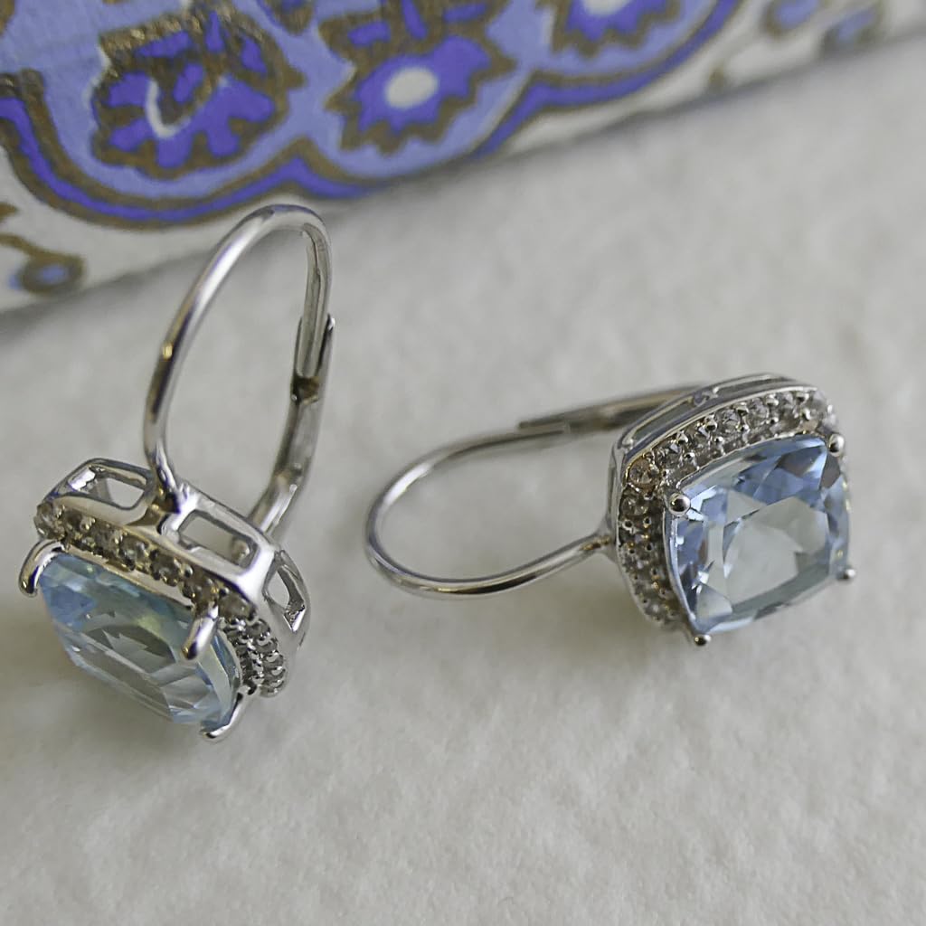 Blautopas Ohrhanger 925 Sterling Silber (Silber) | Kissenschliff Edelstein mit Zirkonia Halo - Handverlesener Naturstein - Geschenkidee fur Frauen - Designed in Norwegen