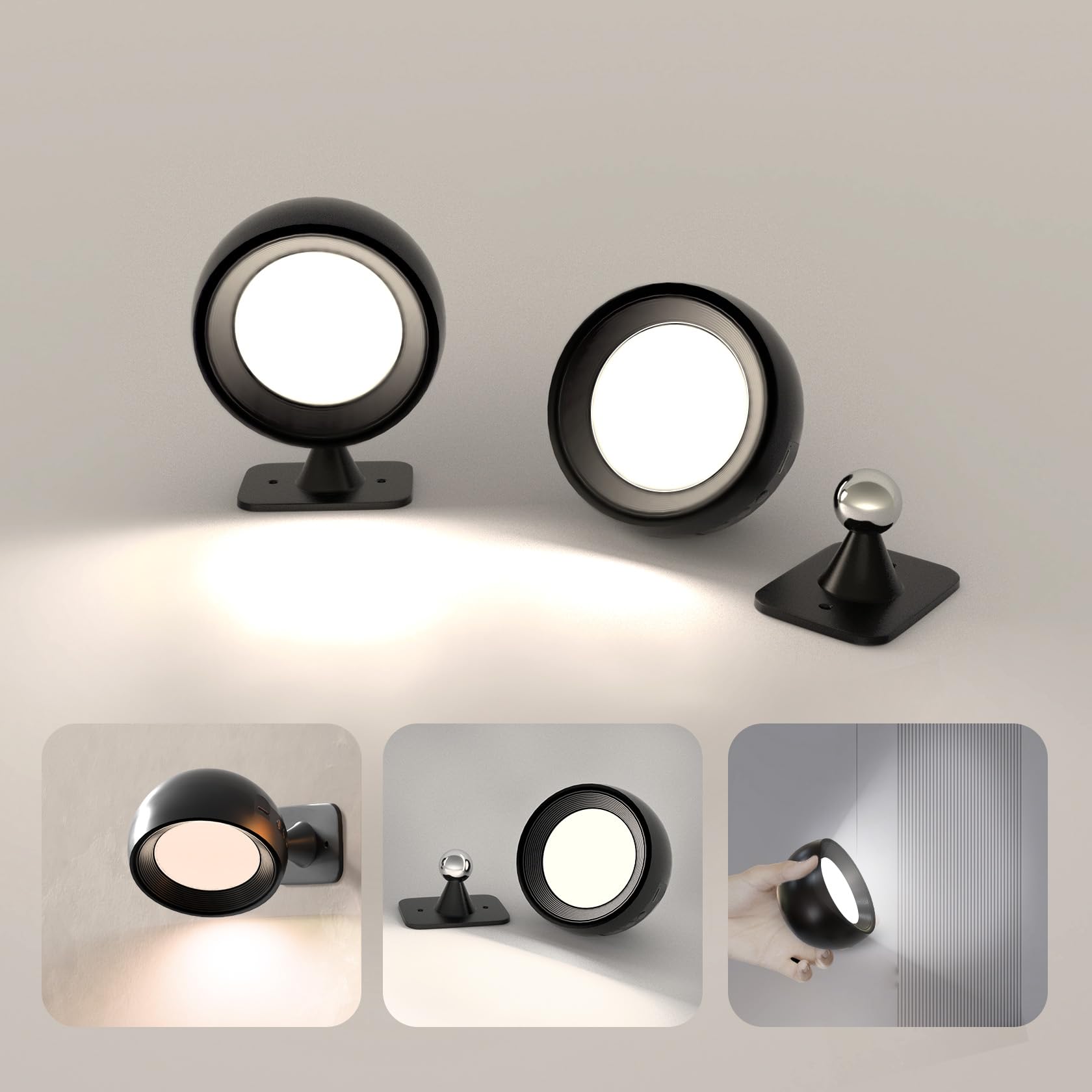 LUTW Rechargeable Wall Lights 2 Pack, Black, Battery Operated LED Wall Light, Magnetic Wall Lamp with Remote, 360° Rotate, 5 Modes, Stepless Dimming, Timing, for Bedroom Living Room Corridor Stairs