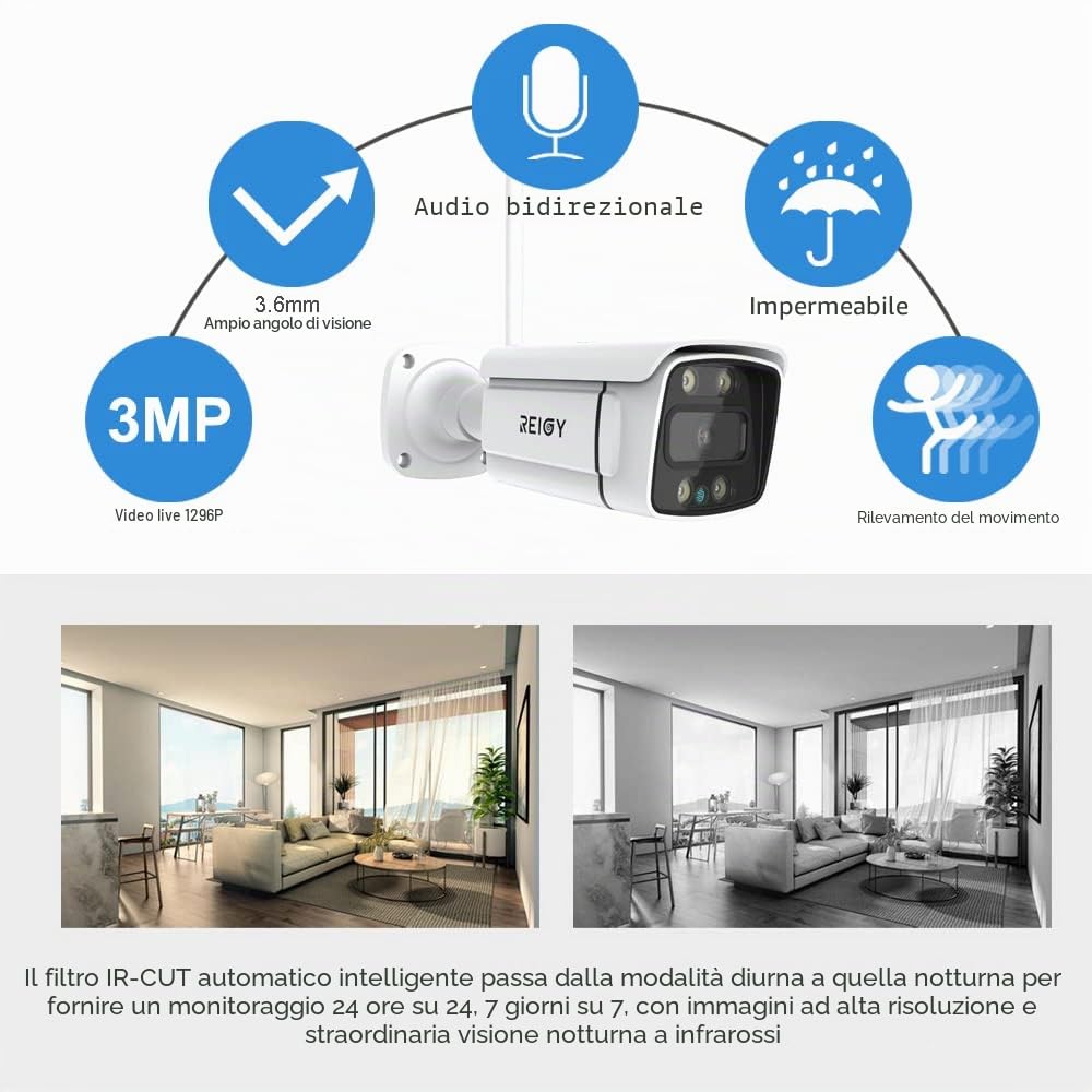 REIGY 3MP Kit Videosorveglianza Wifi Esterno con Spotlight, Telecamera Sorveglianza IP 4x 1296P VideoCamera, Sistema di Sicurezza Interno con Visione Notturna a Colori, Audio Bidirezionale Senza HDD