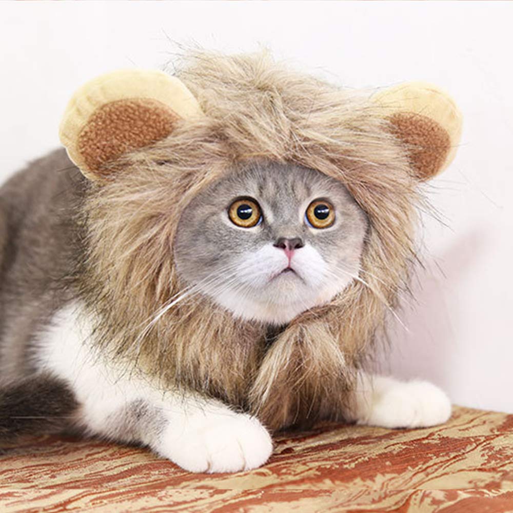 Halloween Cat Lion Mane Wig Costume Christmas Little Dog Lion Hair Adjustable Washable Funny Pet Puppy Dress Up Hat Cute Kitten Kitty Hair Mane with Ears for Holiday Photo Shoots Cospaly Party Size S