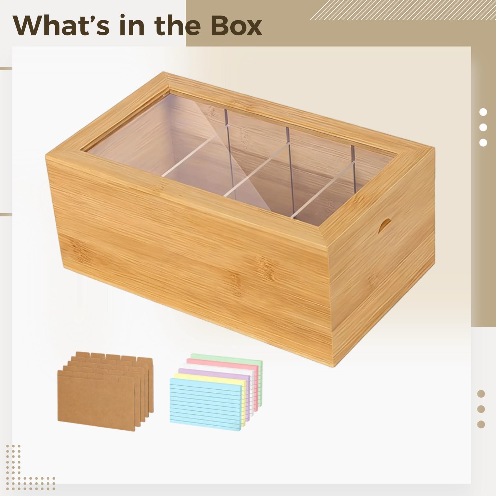 3x5-Karteikartenhalter aus Kiefernholz mit transparenter Abdeckung, Schreibtisch-Aufbewahrungsbox 25,4 x 15 x 10,2 cm, 4 Fächer, Klappdeckel für Rezeptkarten, Geschäftsnotizen, Bürobedarf