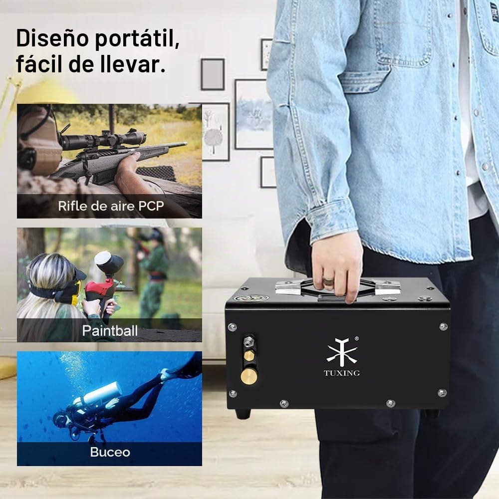 TUXING 300Bar 30Mpa, compresor portátil de 12 V para PC, sin aceite, alimentación de 12 V CC o 220 V CA para el hogar con adaptador, rifle de aire inflador para PC(TXET061-1)