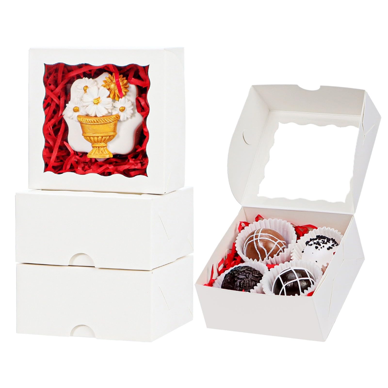 JCXGRVC 100PCS 3¼" x 3 ¼" x 1 ½"Cookies Boxes Soap Boxes Chocolate Truffle Boxes for 4, Donut Treat Macaron Box Mini Bakery Boxes Small gift boxes