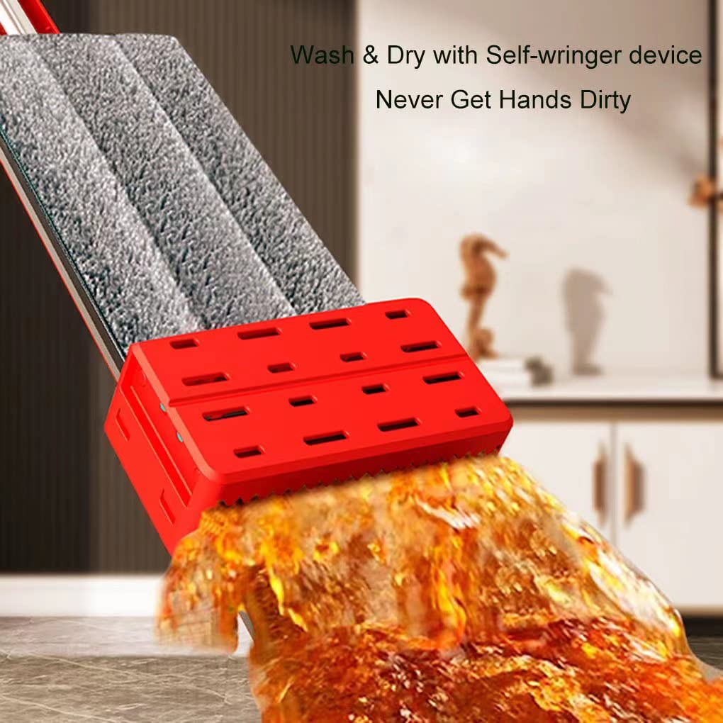 Trapeador plano con 4 almohadillas de microfibra lavables, limpieza de suelos rojos, mopa perezosa manos libres, panel XL para madera dura, mármol, cemento, azulejos