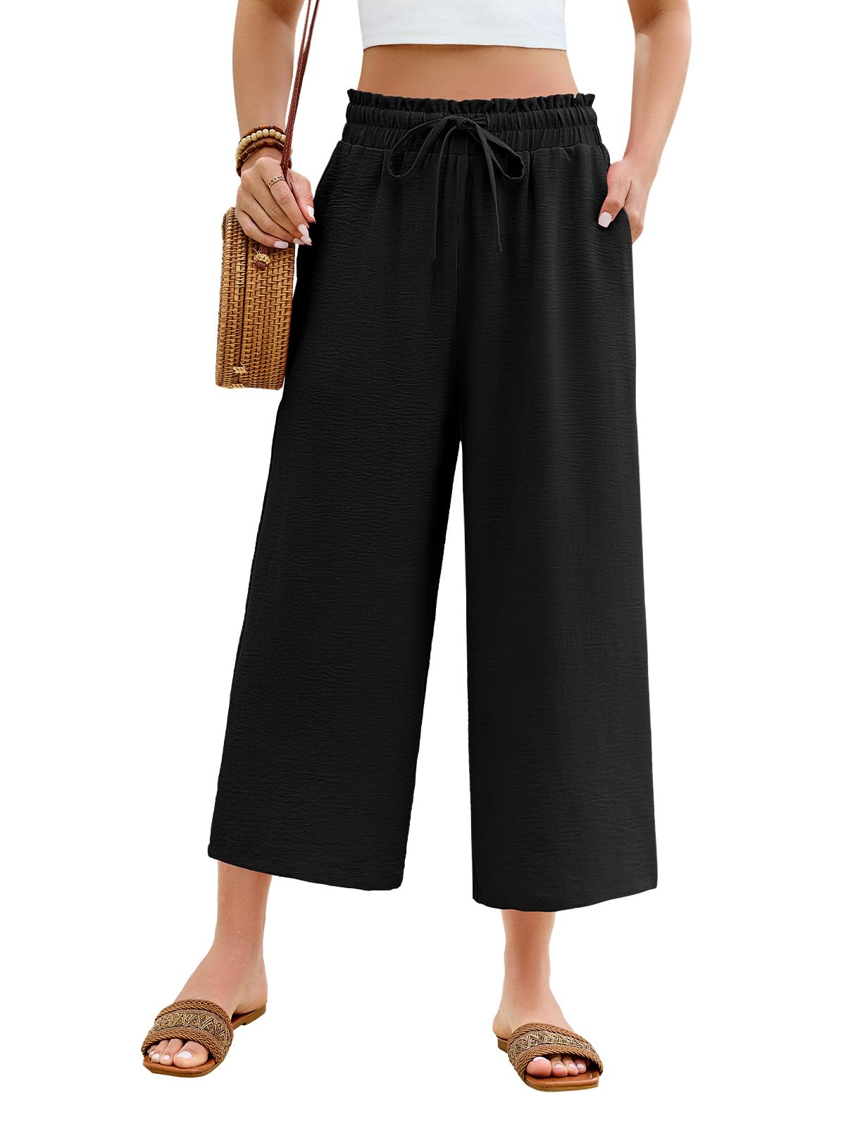 CMTOP Hose Damen Sommer 3/4 Leichte Sommerhose Weite Bein Lässig Caprihose Elastisch Hohe Taille Freizeithose Sommer Bequeme Luftig Culotte Hosen Locker Strandhose Stoffhose mit Tasche