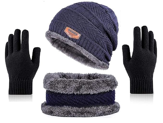 Buy for Happiness Winter Woolen Beanie Cap Hat Neck Warmer Scarf and Touch Screen Supported Mittens Woolen Gloves Set Combo Skull Cap for Men Women/Winter Cap for Men