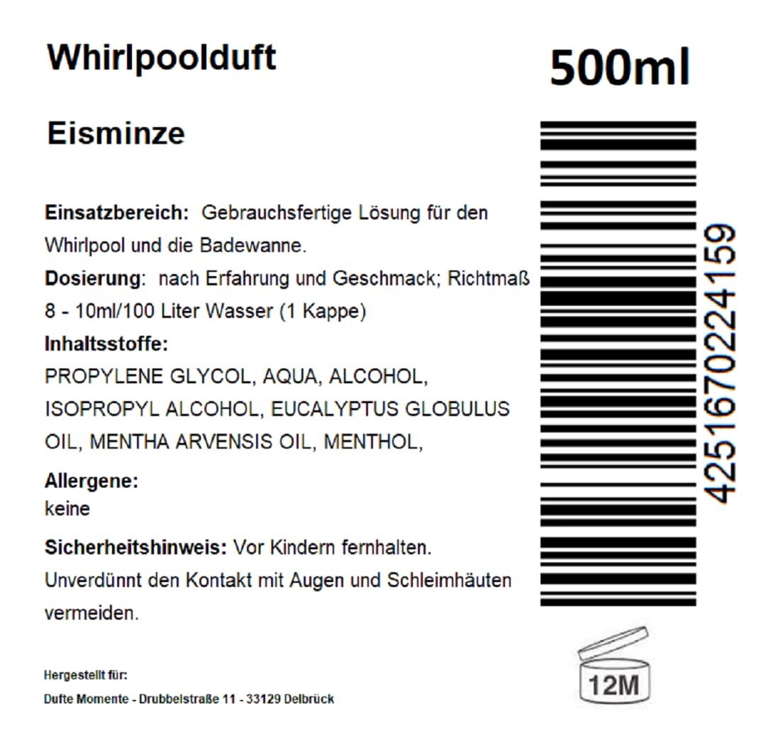Dufte Momente | Whirlpool Duft 500ml | Eisminze (Eukalyptus, Menthol, Minze) | mit naturreinen und natürlichen ätherischen Ölen | kein Schaum | vegan und ohne Tierversuche