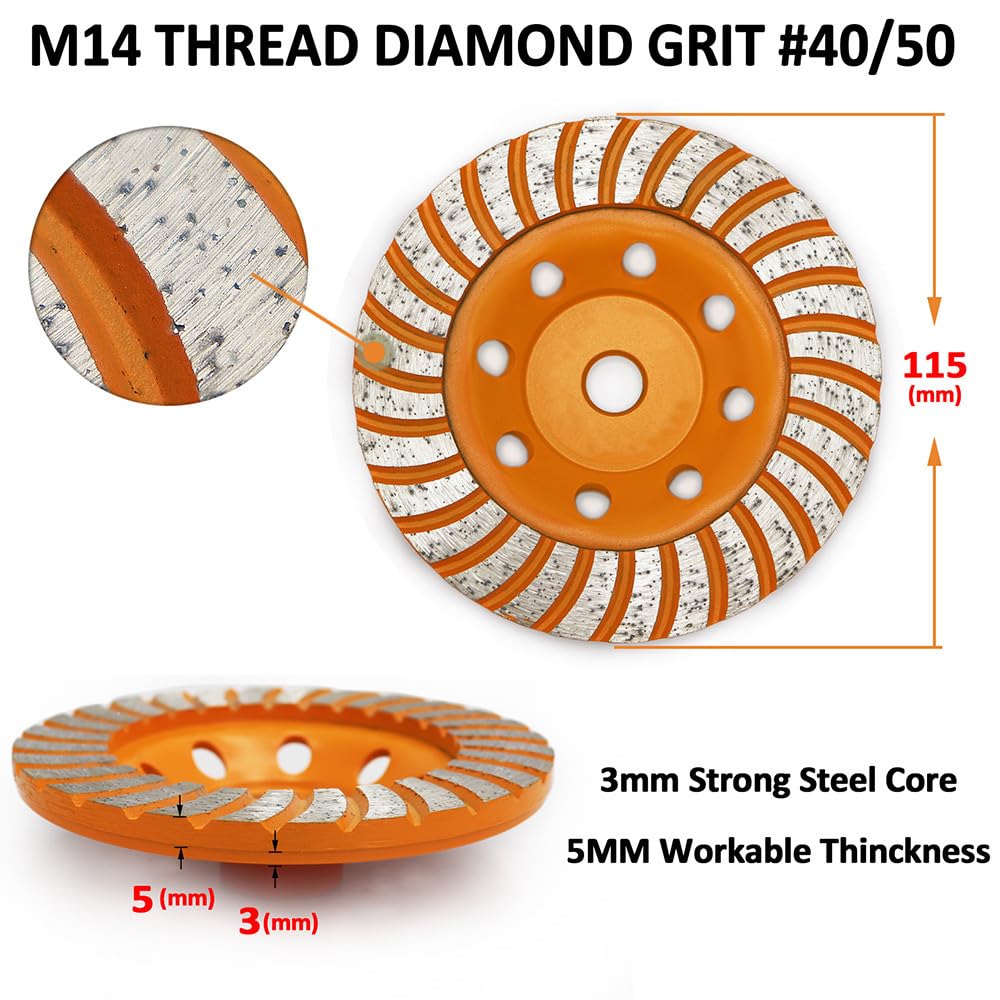 2 piezas de 4,5 pulgadas de diamante Turbo Row Grinding Cup Wheel 115 mm M14 rosca Disco de pulido para hormigón, material de construcción, 2 piezas de diamante de 4,5 pulgadas, 1