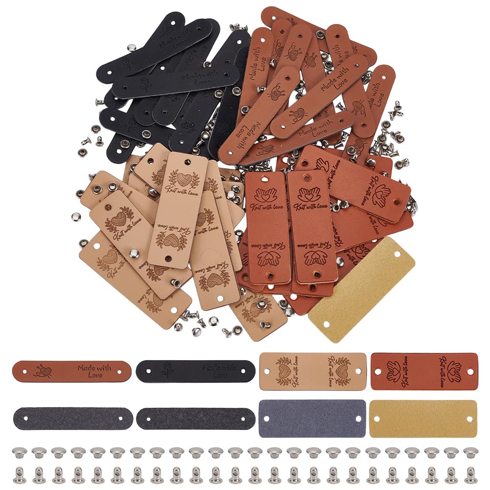 FINGERINSPIRE 40 Set PU Leather Clothing Labels with Rivets - Oval & Rectangle Shapes - Beige, Chocolate, Black, Saddle Brown - Handmade Leather Tag for DIY Decoration