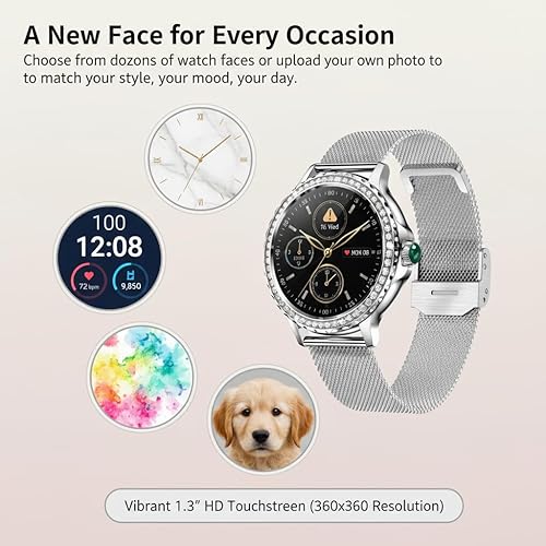 Miniatura 6 de Pard Reloj inteligente para mujer, pantalla HD de 1.3", diseño refinado, con detección de sueño, frecuencia cardíaca/presión arterial para