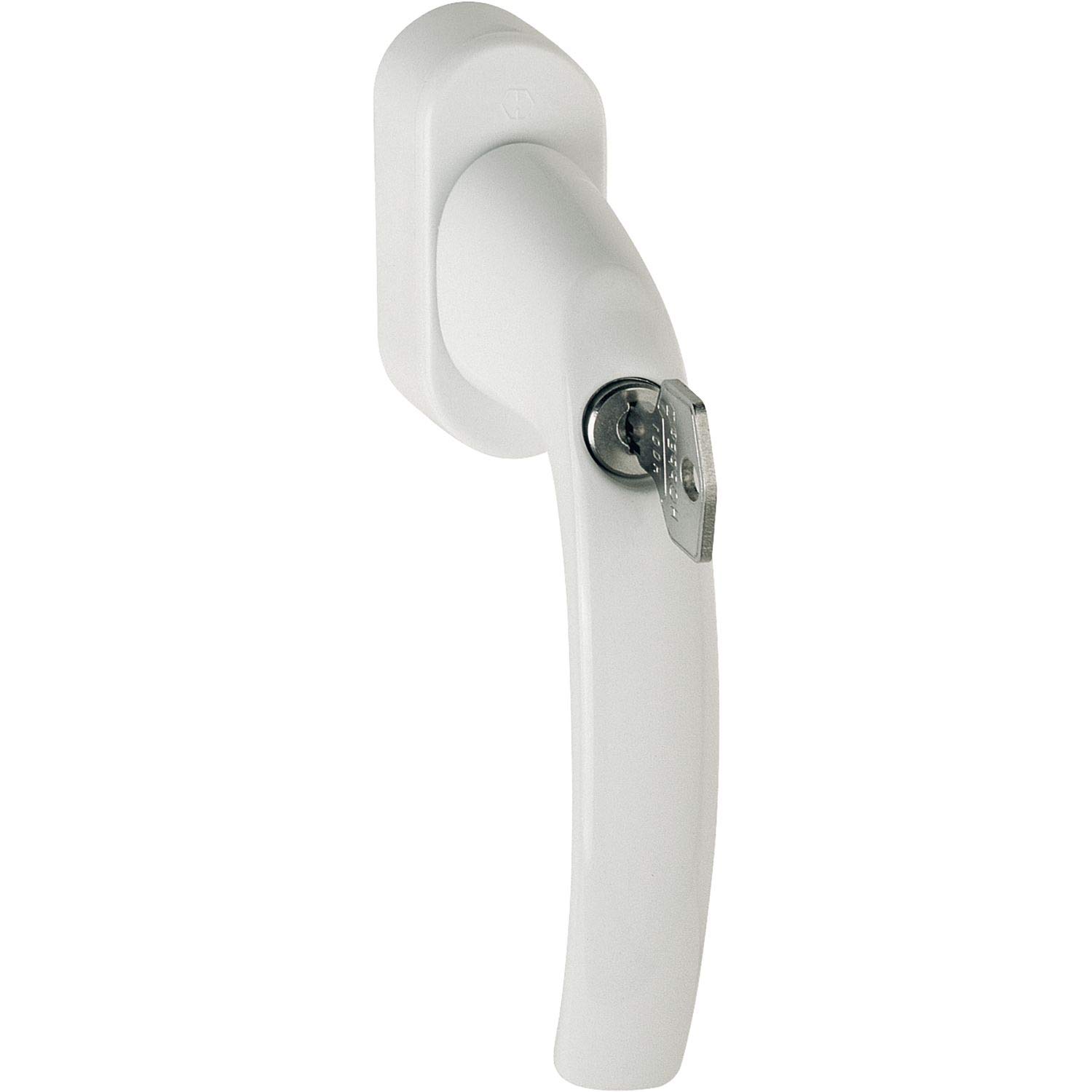 HOPPE 10763968 Poignée de fenêtre de sécurité ATLANTA Secustik avec serrure 45°, VK 7 x 32-42 mm, blanche avec protection anti-effraction accrue avec barillet de verrouillage