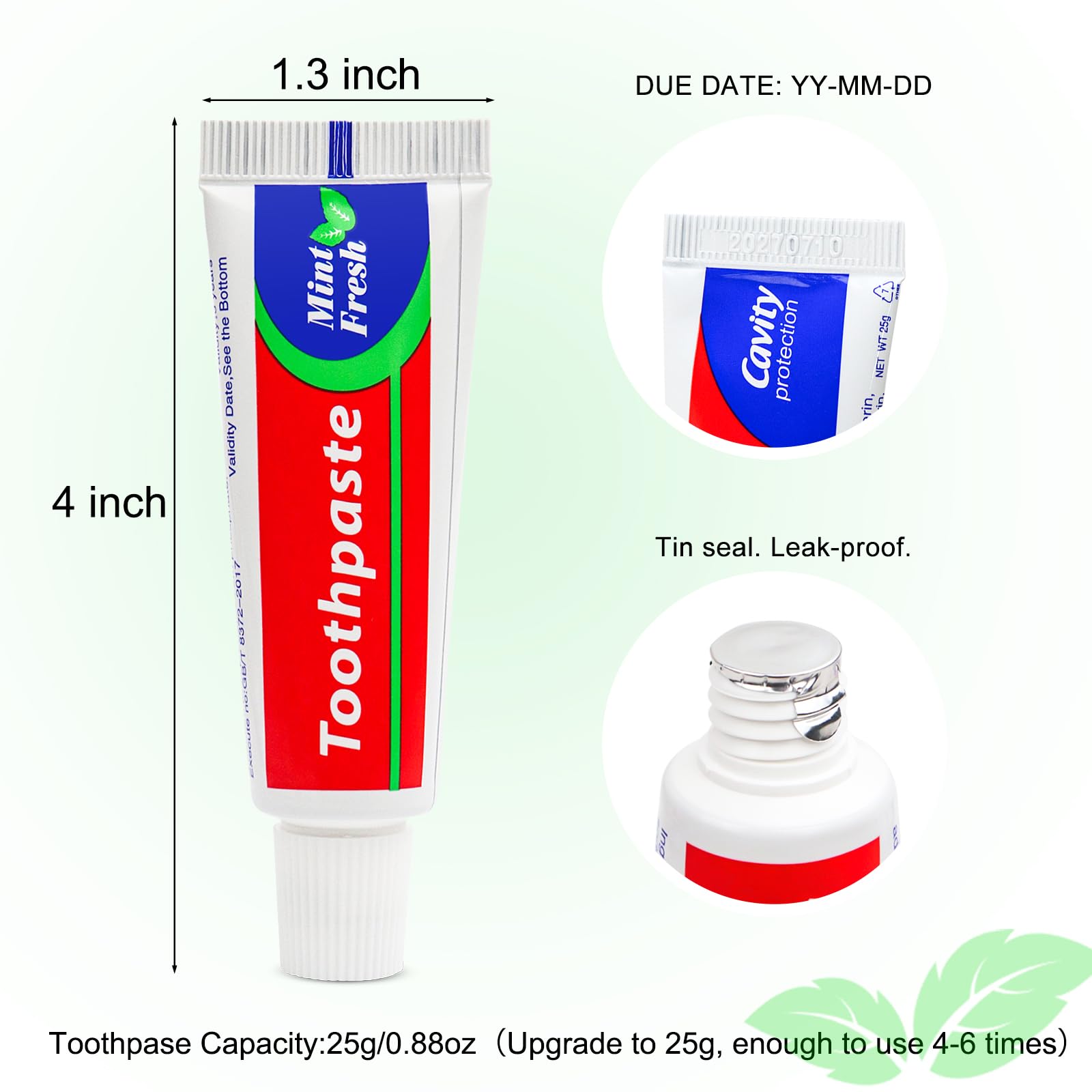Pasta de dientes de tamaño de viaje, 25 g, tamaño pequeño, tamaño de viaje, 10 x 3,6 cm, menta, pastas dentales desechables para hotel, invitados, personas sin hogar, organizaciones benéficas, 100