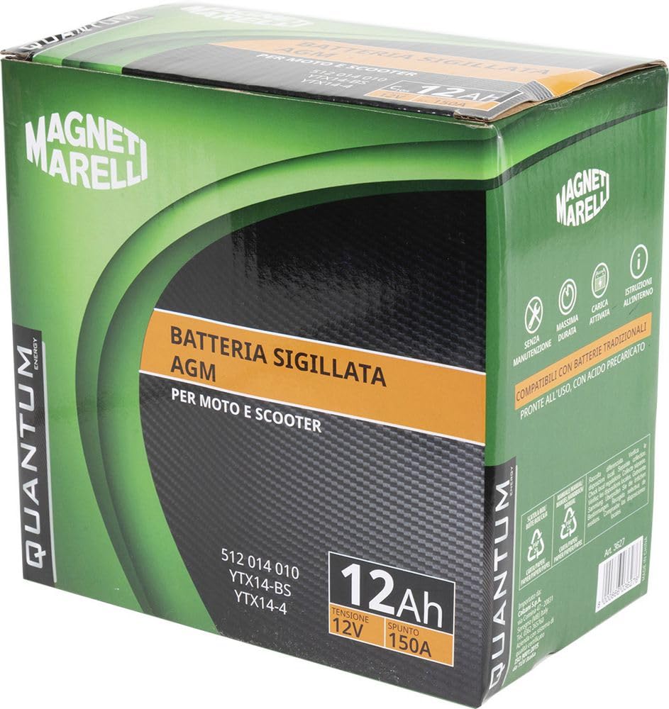Quantum Energy Magneti Marelli Batteria Quantum 12Ah AGM 150A | Batteria Moto E Scooter 12V - Avviamento Affidabile, Tecnologia AGM E Prestazioni Costanti