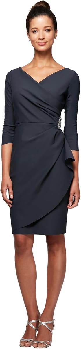 Alex Evenings Women's Slimming Short Sheath 3/4 Sleeve Cocktail Dress, Wedding Guest