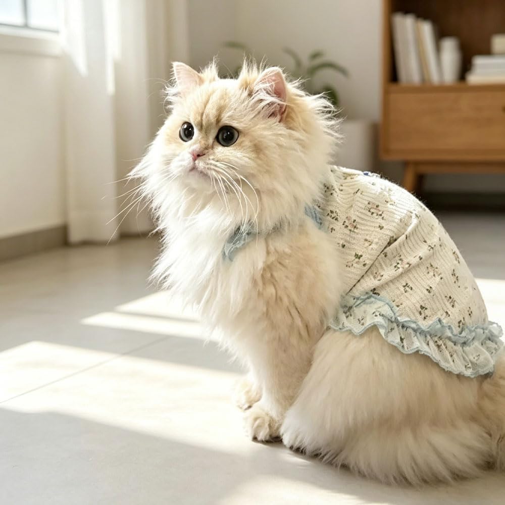 Dog Cat Cooling Summer Dress with D-Ring, Ice Silk Mesh Breathable Pet Clothes, Anti-UV Mosquito Proof, High Elastic Ruffle Dress & Half Belly Cover for Small Dogs Cats(Sky Blue, Small)