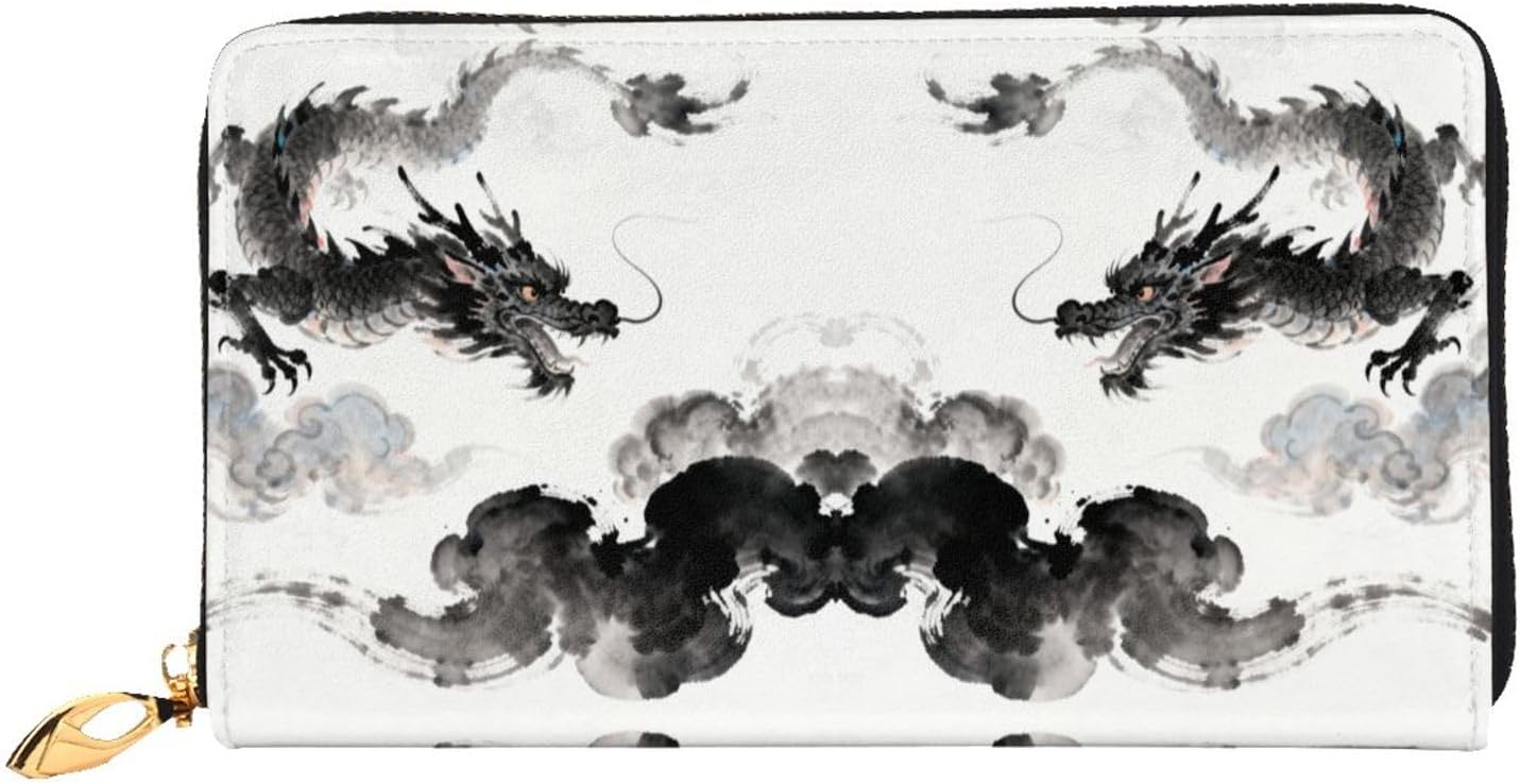 Chinese style patterns Long Zip Around Wallet for Women, Large Capacity RFID Leather Wristlet Wallet with 12 Card Slots Coin Purse, Fashion Clutch Purse with Wrist Strap