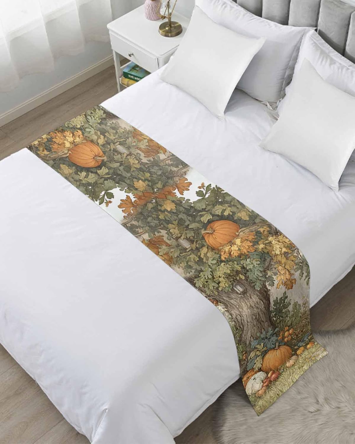 Fall Pastoral Pumpkin Leaves Bed Runners for Bedroom Hotel,Decorative Bedding Scarf Retro Forest Gradient Leaf Bed End Blanket Bedding Runner Scarves for Queen Size Beds,94x20in