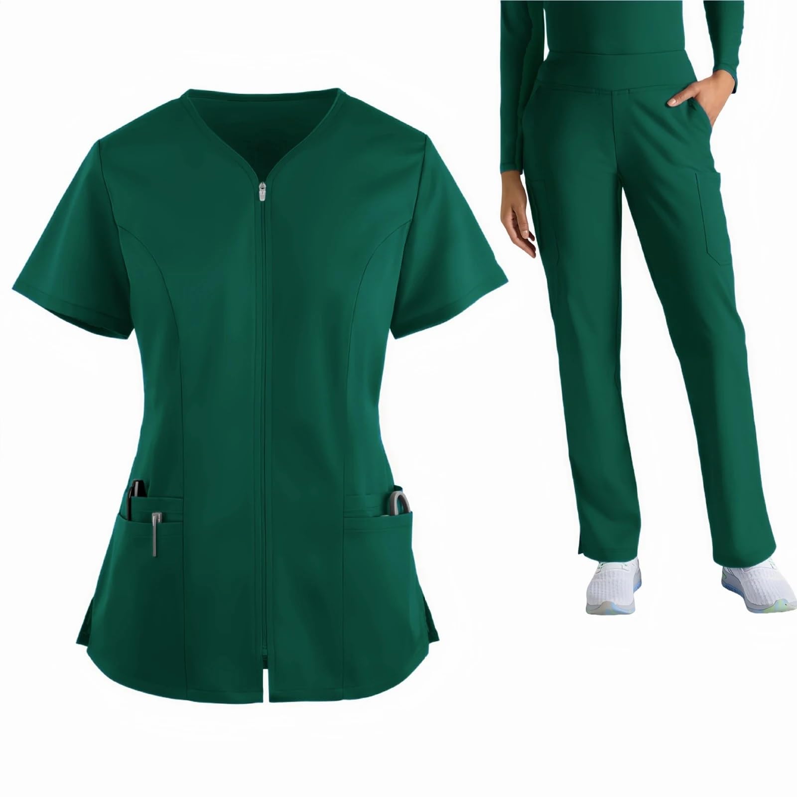 Divisa Infermiere Set da Donna for Infermiere, Pantaloni Lunghi, Manica Corta, Tinta Unita, Multitasche, Uniforme Medica, Abbigliamento Lavoro Sanitario