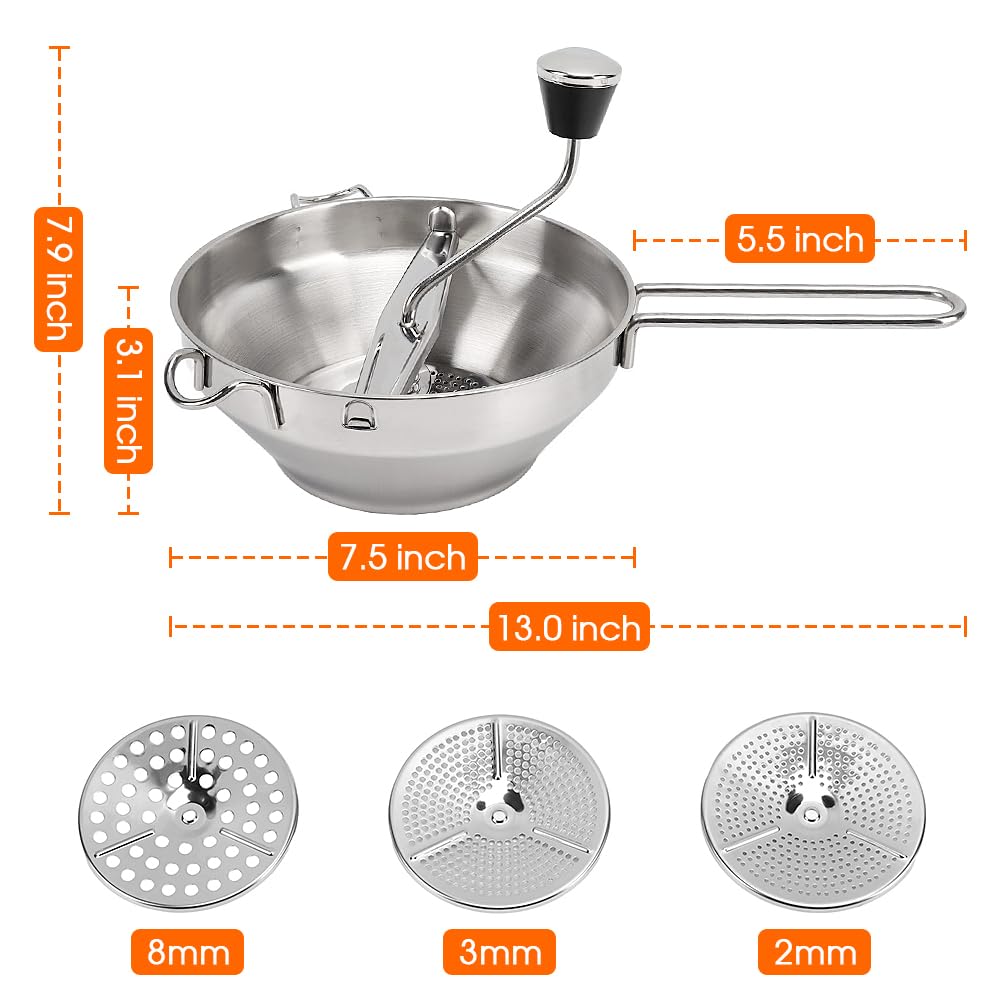 Molinillo Manual Alimentos 3 Discos Acero Inoxidable Antideslizante para Purés Patatas Tomate Vegetales Frutas Puré