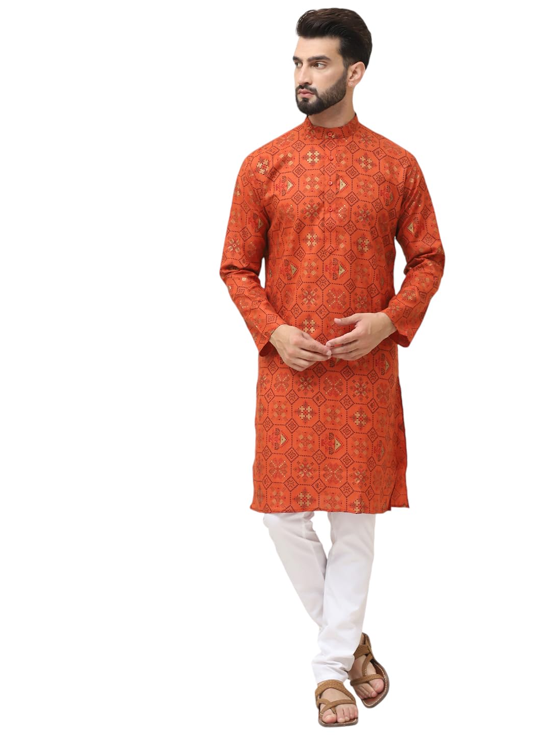 Sojanya (Since 1958 Men's Cotton Blend Orange Printed Kurta And White Churidar Pyjama Set